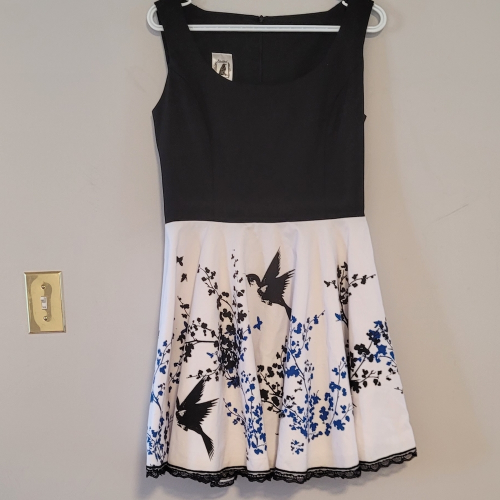 NWOT black, white and blue midi dress with bird designs. Blackbird Studios